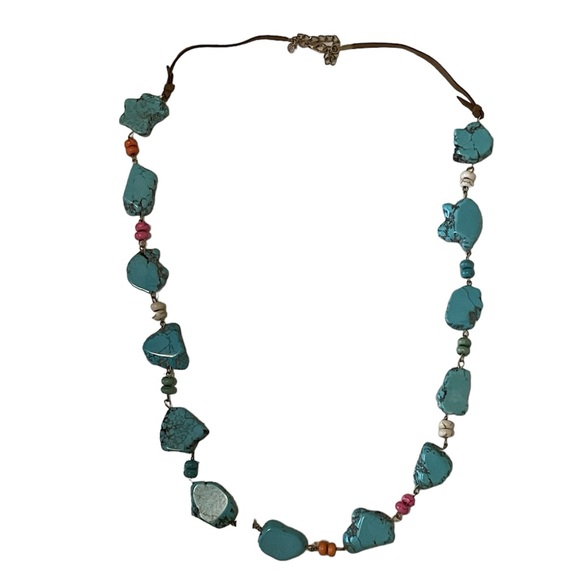 Boho Blue Turquoise Color Slab Chunky Stone Beaded Vegan Leather Long Necklace - Picture 7 of 10